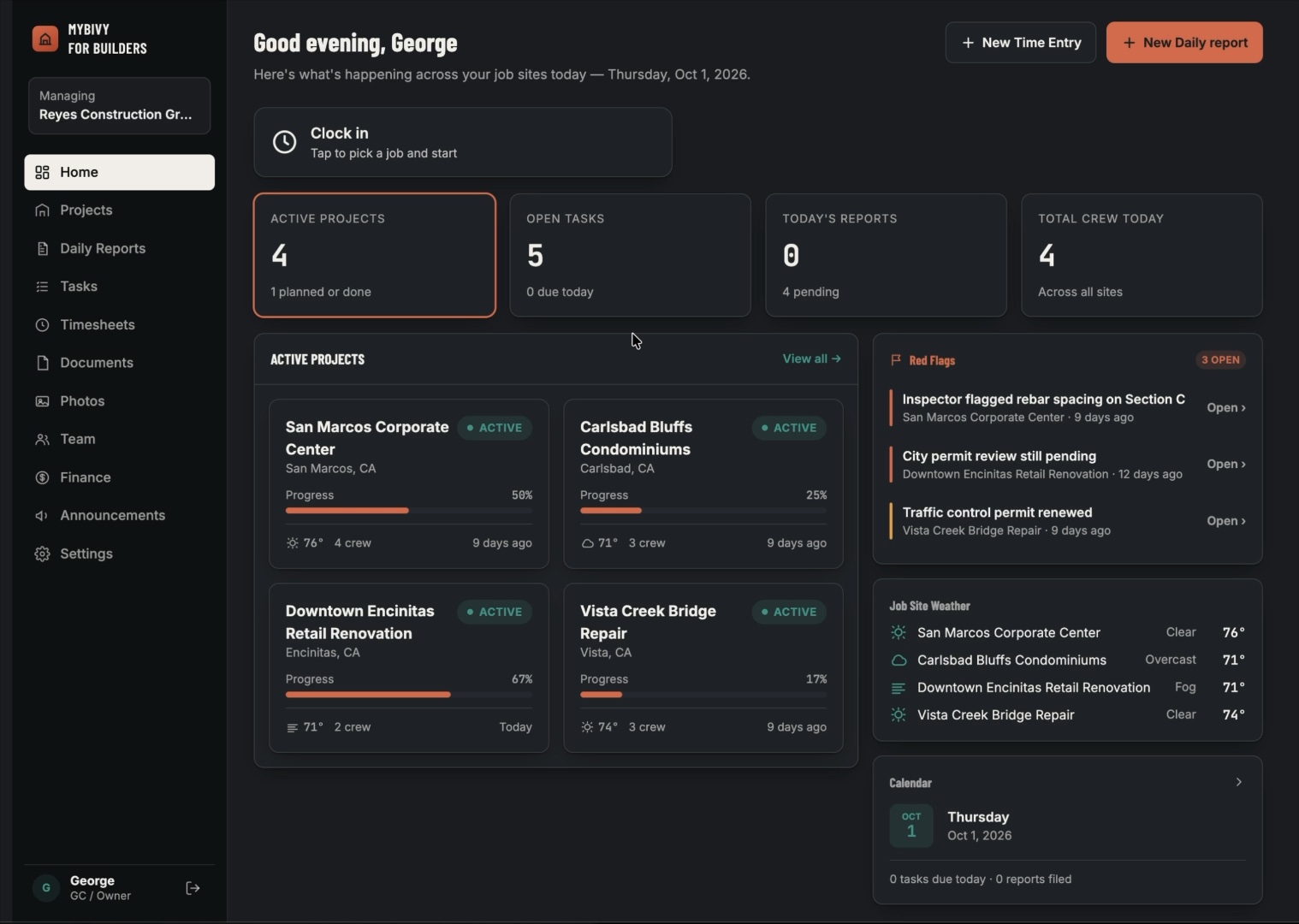 The myBivy for Builders dashboard: active projects, red flags and job site weather