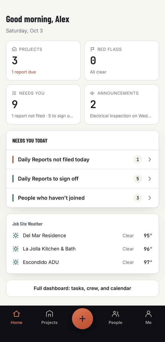 The myBivy home screen with Clock in, active projects and today's reports