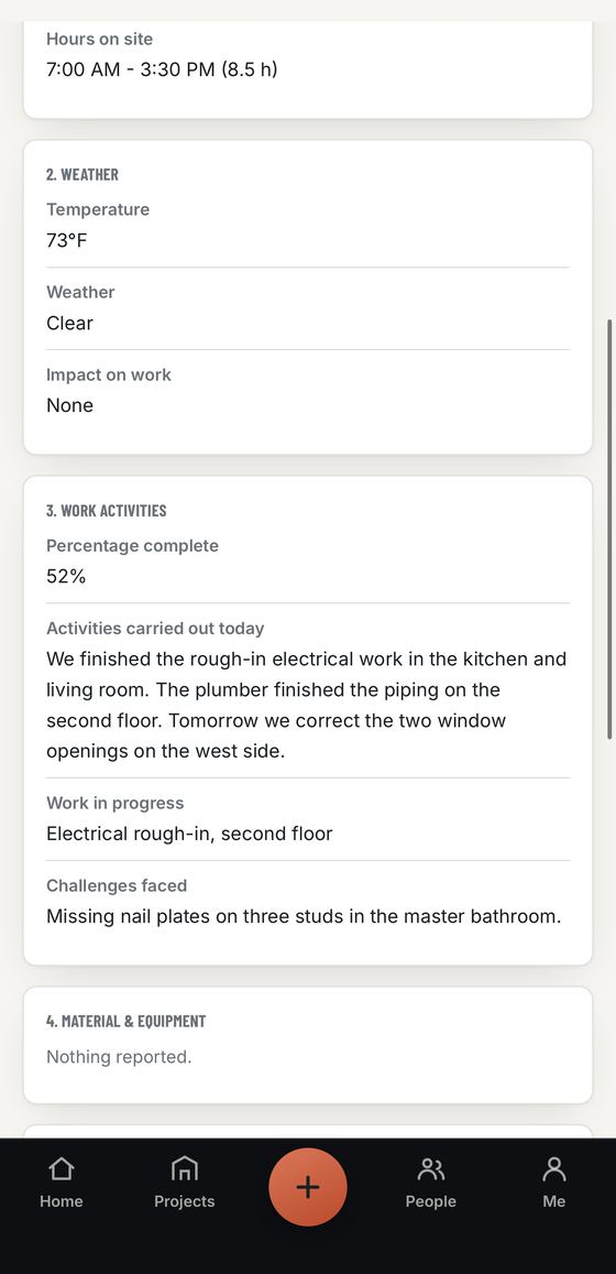 A myBivy daily report on an iPhone, with job photos and the sign-off section