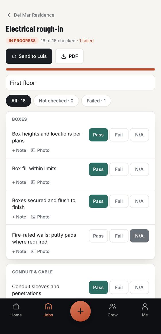 An electrical rough-in checklist in myBivy with Pass, Fail and N/A on each item